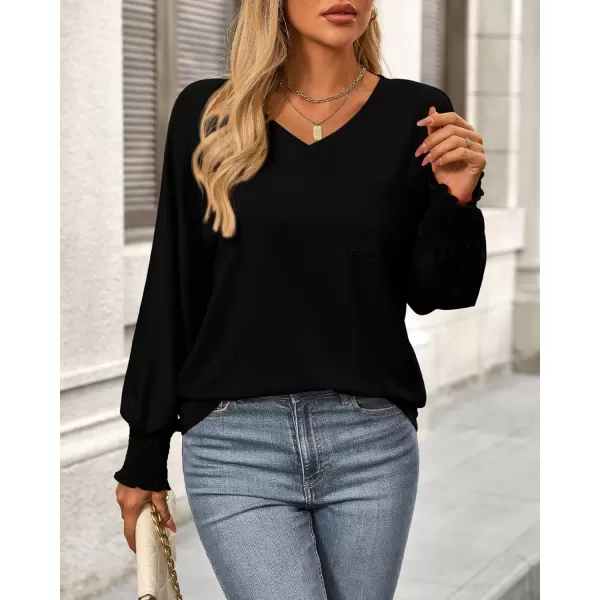 BTFBM Long Sleeve Shirts for Women Dressy Casual Loose V Neck Smocked Puff Sleeve Tops Blouses Fall Clothes 2024Black
