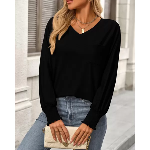 BTFBM Long Sleeve Shirts for Women Dressy Casual Loose V Neck Smocked Puff Sleeve Tops Blouses Fall Clothes 2024Black