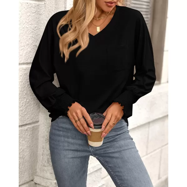 BTFBM Long Sleeve Shirts for Women Dressy Casual Loose V Neck Smocked Puff Sleeve Tops Blouses Fall Clothes 2024Black