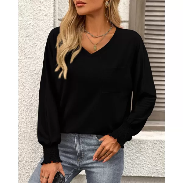 BTFBM Long Sleeve Shirts for Women Dressy Casual Loose V Neck Smocked Puff Sleeve Tops Blouses Fall Clothes 2024Black