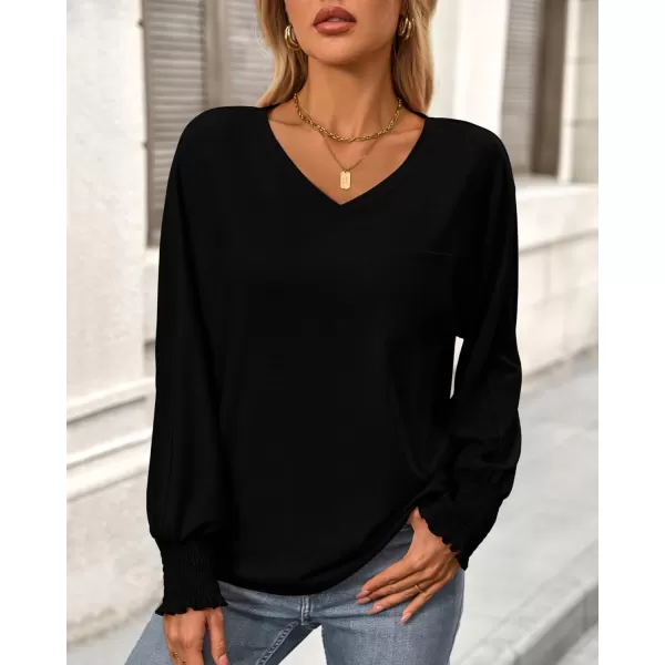 BTFBM Long Sleeve Shirts for Women Dressy Casual Loose V Neck Smocked Puff Sleeve Tops Blouses Fall Clothes 2024Black