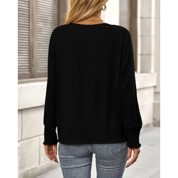 BTFBM Long Sleeve Shirts for Women Dressy Casual Loose V Neck Smocked Puff Sleeve Tops Blouses Fall Clothes 2024Black