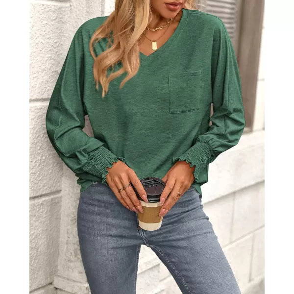 BTFBM Long Sleeve Shirts for Women Dressy Casual Loose V Neck Smocked Puff Sleeve Tops Blouses Fall Clothes 2024Dark Green