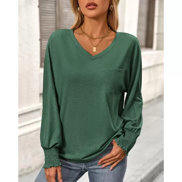 BTFBM Long Sleeve Shirts for Women Dressy Casual Loose V Neck Smocked Puff Sleeve Tops Blouses Fall Clothes 2024Dark Green