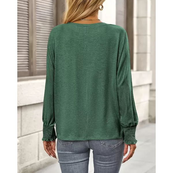 BTFBM Long Sleeve Shirts for Women Dressy Casual Loose V Neck Smocked Puff Sleeve Tops Blouses Fall Clothes 2024Dark Green