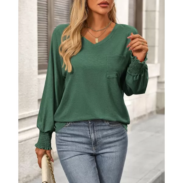 BTFBM Long Sleeve Shirts for Women Dressy Casual Loose V Neck Smocked Puff Sleeve Tops Blouses Fall Clothes 2024Dark Green
