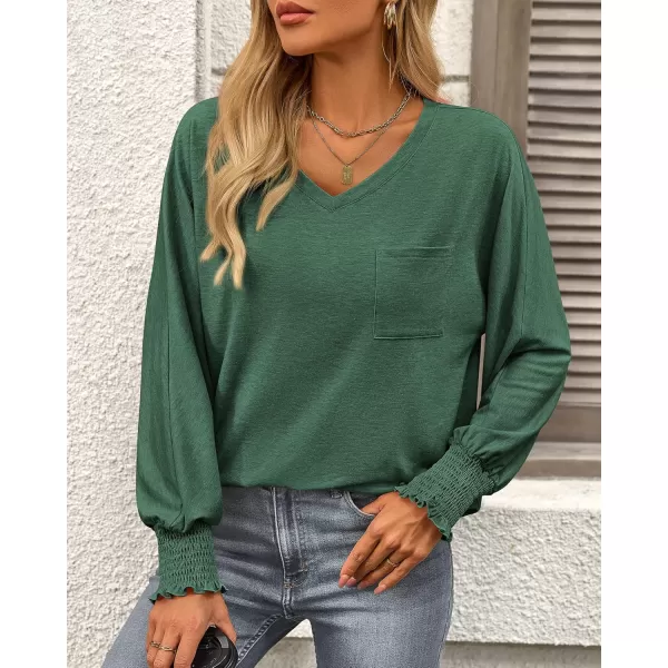 BTFBM Long Sleeve Shirts for Women Dressy Casual Loose V Neck Smocked Puff Sleeve Tops Blouses Fall Clothes 2024Dark Green