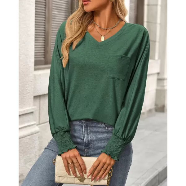 BTFBM Long Sleeve Shirts for Women Dressy Casual Loose V Neck Smocked Puff Sleeve Tops Blouses Fall Clothes 2024Dark Green