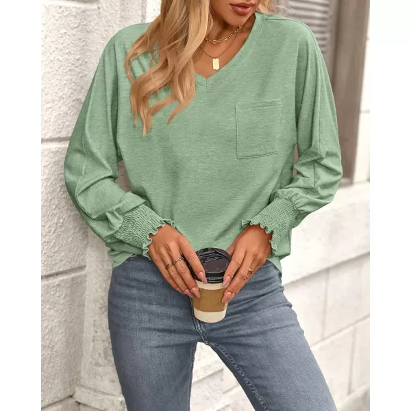 BTFBM Long Sleeve Shirts for Women Dressy Casual Loose V Neck Smocked Puff Sleeve Tops Blouses Fall Clothes 2024Grass Green
