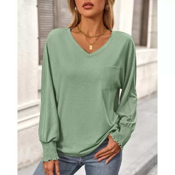 BTFBM Long Sleeve Shirts for Women Dressy Casual Loose V Neck Smocked Puff Sleeve Tops Blouses Fall Clothes 2024Grass Green