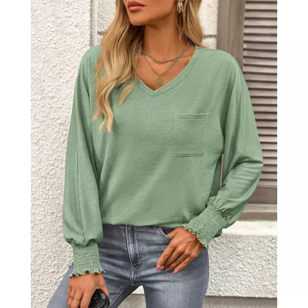 BTFBM Long Sleeve Shirts for Women Dressy Casual Loose V Neck Smocked Puff Sleeve Tops Blouses Fall Clothes 2024Grass Green