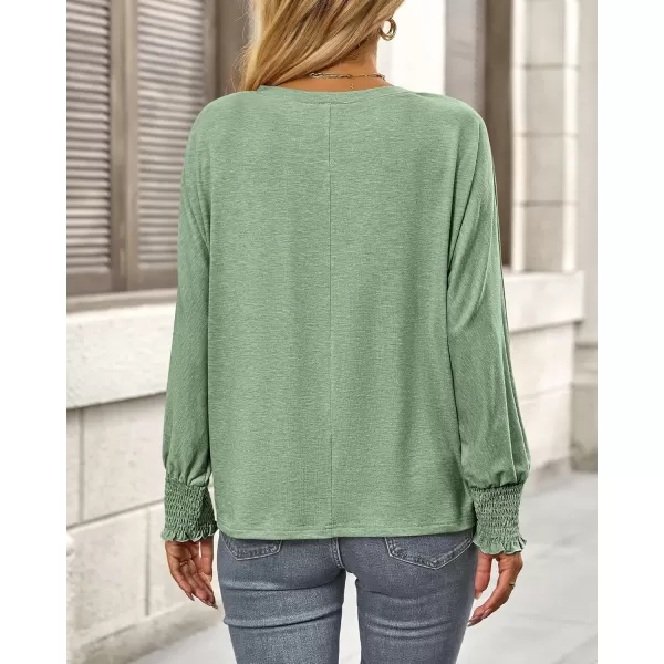 BTFBM Long Sleeve Shirts for Women Dressy Casual Loose V Neck Smocked Puff Sleeve Tops Blouses Fall Clothes 2024Grass Green