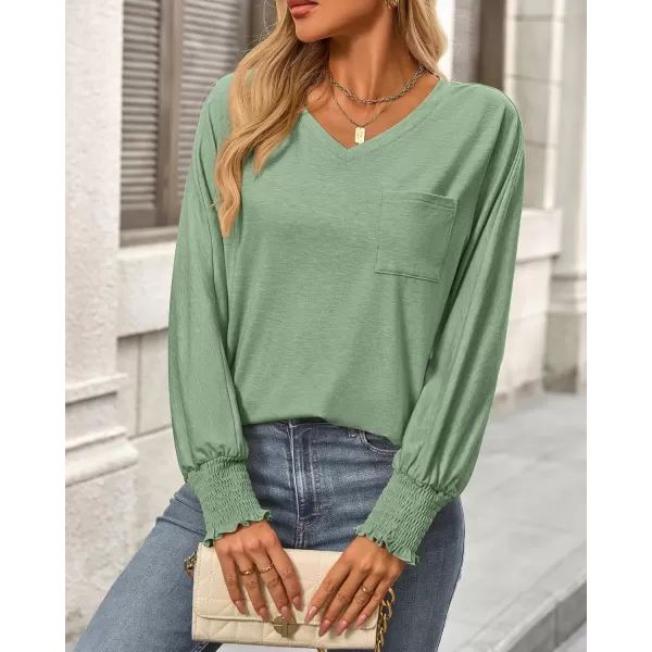 BTFBM Long Sleeve Shirts for Women Dressy Casual Loose V Neck Smocked Puff Sleeve Tops Blouses Fall Clothes 2024Grass Green