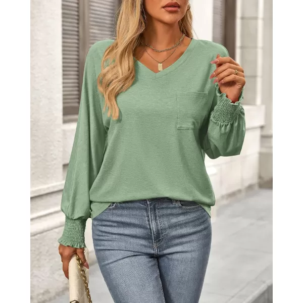 BTFBM Long Sleeve Shirts for Women Dressy Casual Loose V Neck Smocked Puff Sleeve Tops Blouses Fall Clothes 2024Grass Green