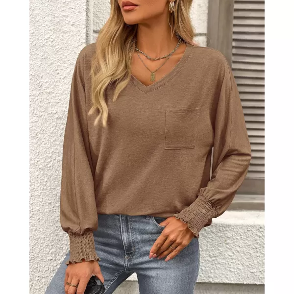 BTFBM Long Sleeve Shirts for Women Dressy Casual Loose V Neck Smocked Puff Sleeve Tops Blouses Fall Clothes 2024Khaki