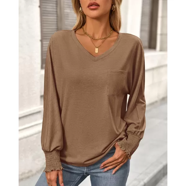 BTFBM Long Sleeve Shirts for Women Dressy Casual Loose V Neck Smocked Puff Sleeve Tops Blouses Fall Clothes 2024Khaki