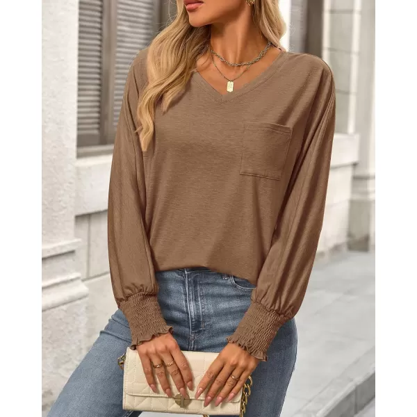 BTFBM Long Sleeve Shirts for Women Dressy Casual Loose V Neck Smocked Puff Sleeve Tops Blouses Fall Clothes 2024Khaki