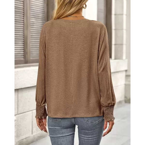 BTFBM Long Sleeve Shirts for Women Dressy Casual Loose V Neck Smocked Puff Sleeve Tops Blouses Fall Clothes 2024Khaki