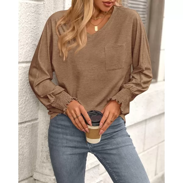 BTFBM Long Sleeve Shirts for Women Dressy Casual Loose V Neck Smocked Puff Sleeve Tops Blouses Fall Clothes 2024Khaki