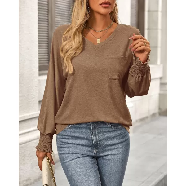 BTFBM Long Sleeve Shirts for Women Dressy Casual Loose V Neck Smocked Puff Sleeve Tops Blouses Fall Clothes 2024Khaki