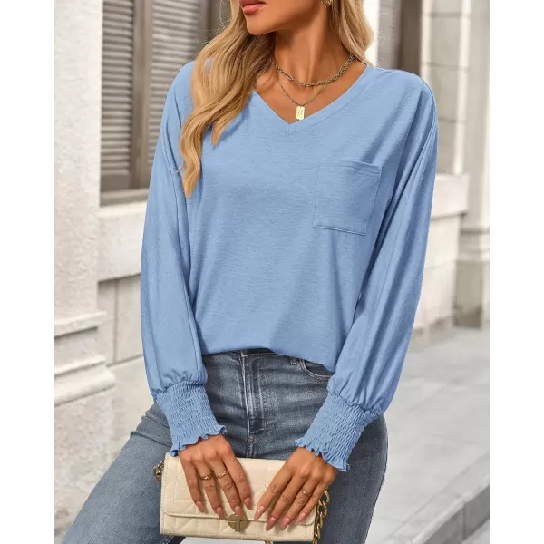 BTFBM Long Sleeve Shirts for Women Dressy Casual Loose V Neck Smocked Puff Sleeve Tops Blouses Fall Clothes 2024Light Blue