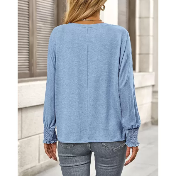 BTFBM Long Sleeve Shirts for Women Dressy Casual Loose V Neck Smocked Puff Sleeve Tops Blouses Fall Clothes 2024Light Blue