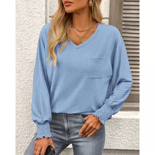 BTFBM Long Sleeve Shirts for Women Dressy Casual Loose V Neck Smocked Puff Sleeve Tops Blouses Fall Clothes 2024Light Blue