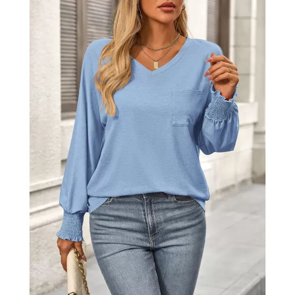 BTFBM Long Sleeve Shirts for Women Dressy Casual Loose V Neck Smocked Puff Sleeve Tops Blouses Fall Clothes 2024Light Blue