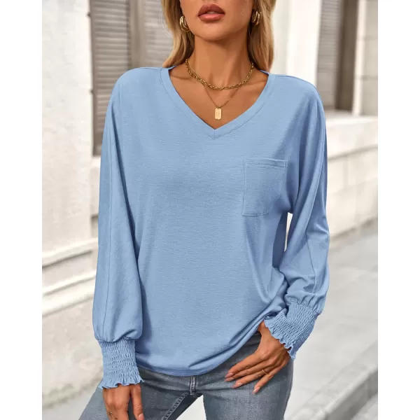 BTFBM Long Sleeve Shirts for Women Dressy Casual Loose V Neck Smocked Puff Sleeve Tops Blouses Fall Clothes 2024Light Blue