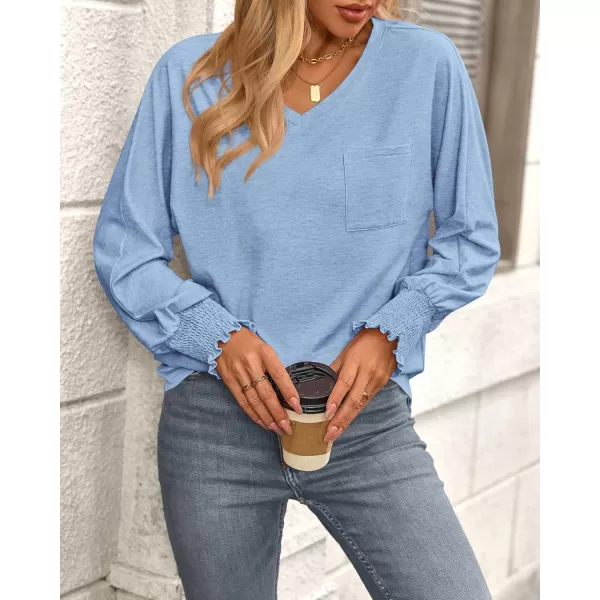 BTFBM Long Sleeve Shirts for Women Dressy Casual Loose V Neck Smocked Puff Sleeve Tops Blouses Fall Clothes 2024Light Blue