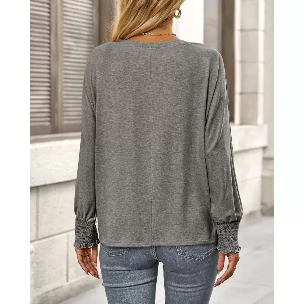 BTFBM Long Sleeve Shirts for Women Dressy Casual Loose V Neck Smocked Puff Sleeve Tops Blouses Fall Clothes 2024Light Grey