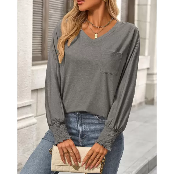 BTFBM Long Sleeve Shirts for Women Dressy Casual Loose V Neck Smocked Puff Sleeve Tops Blouses Fall Clothes 2024Light Grey