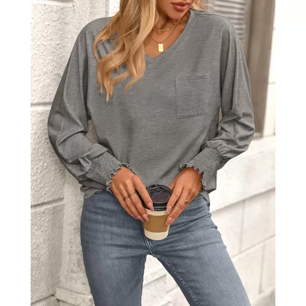 BTFBM Long Sleeve Shirts for Women Dressy Casual Loose V Neck Smocked Puff Sleeve Tops Blouses Fall Clothes 2024Light Grey