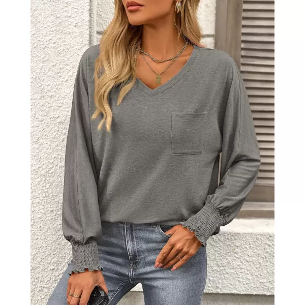 BTFBM Long Sleeve Shirts for Women Dressy Casual Loose V Neck Smocked Puff Sleeve Tops Blouses Fall Clothes 2024Light Grey