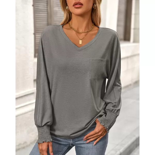 BTFBM Long Sleeve Shirts for Women Dressy Casual Loose V Neck Smocked Puff Sleeve Tops Blouses Fall Clothes 2024Light Grey