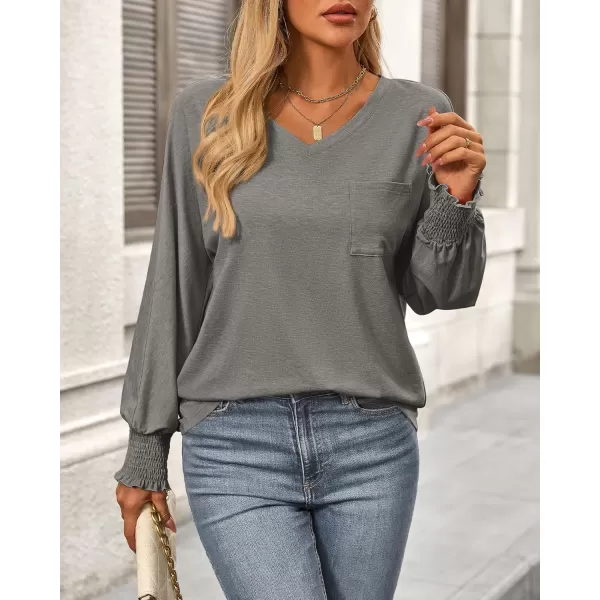 BTFBM Long Sleeve Shirts for Women Dressy Casual Loose V Neck Smocked Puff Sleeve Tops Blouses Fall Clothes 2024Light Grey