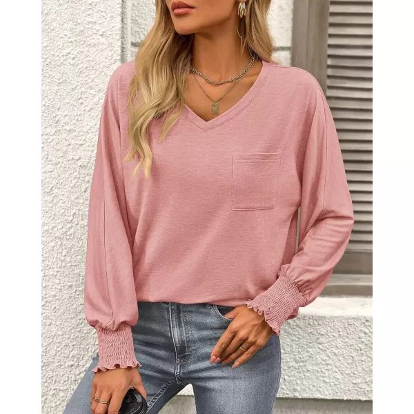 BTFBM Long Sleeve Shirts for Women Dressy Casual Loose V Neck Smocked Puff Sleeve Tops Blouses Fall Clothes 2024Pink
