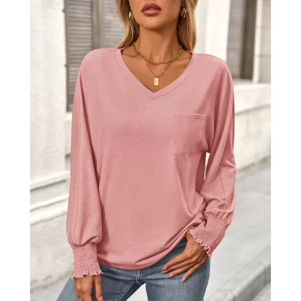 BTFBM Long Sleeve Shirts for Women Dressy Casual Loose V Neck Smocked Puff Sleeve Tops Blouses Fall Clothes 2024Pink