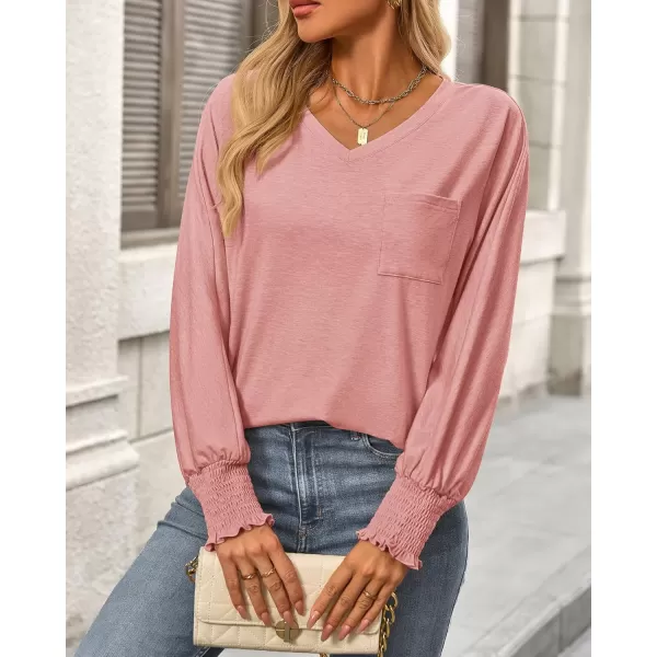 BTFBM Long Sleeve Shirts for Women Dressy Casual Loose V Neck Smocked Puff Sleeve Tops Blouses Fall Clothes 2024Pink