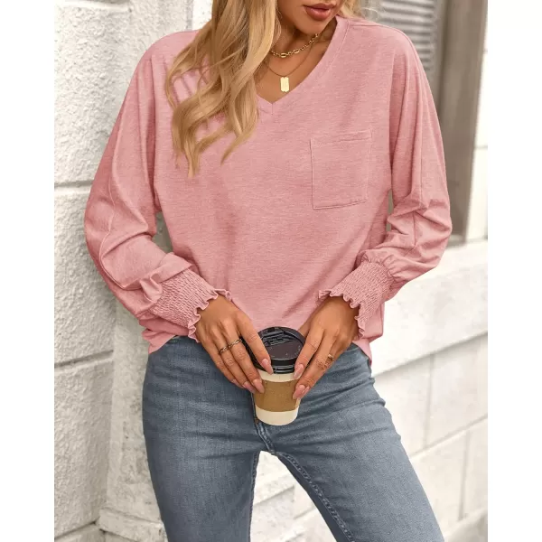 BTFBM Long Sleeve Shirts for Women Dressy Casual Loose V Neck Smocked Puff Sleeve Tops Blouses Fall Clothes 2024Pink