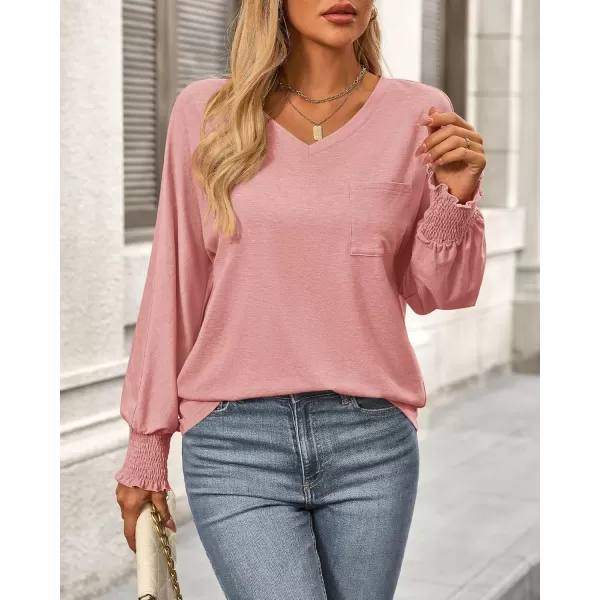 BTFBM Long Sleeve Shirts for Women Dressy Casual Loose V Neck Smocked Puff Sleeve Tops Blouses Fall Clothes 2024Pink