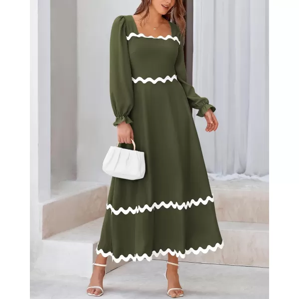 BTFBM RIC Rac Dress Women Maxi Dress Square Neck Long Sleeve Smocked Tie Back ALine Flowy Fall Wedding Guest DressesSolid Army Green