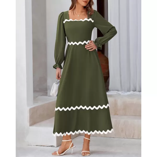 BTFBM RIC Rac Dress Women Maxi Dress Square Neck Long Sleeve Smocked Tie Back ALine Flowy Fall Wedding Guest DressesSolid Army Green
