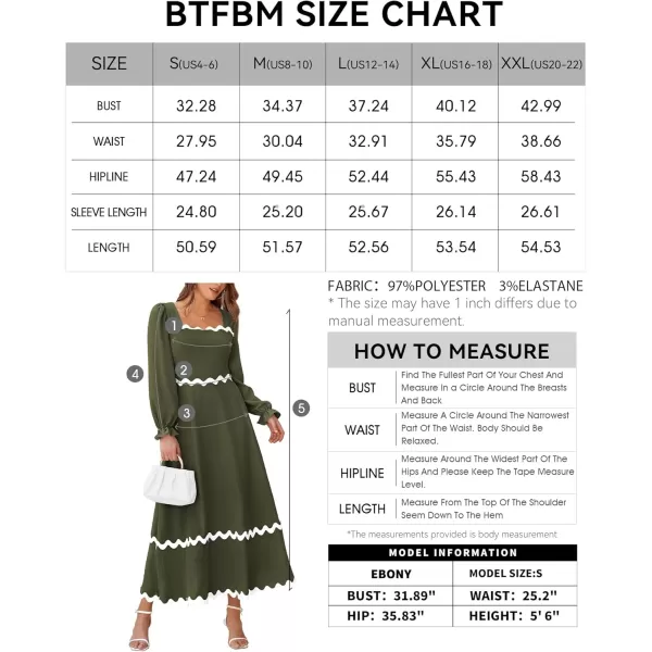 BTFBM RIC Rac Dress Women Maxi Dress Square Neck Long Sleeve Smocked Tie Back ALine Flowy Fall Wedding Guest DressesSolid Army Green