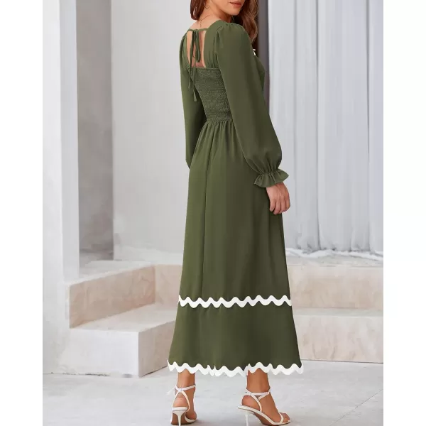 BTFBM RIC Rac Dress Women Maxi Dress Square Neck Long Sleeve Smocked Tie Back ALine Flowy Fall Wedding Guest DressesSolid Army Green
