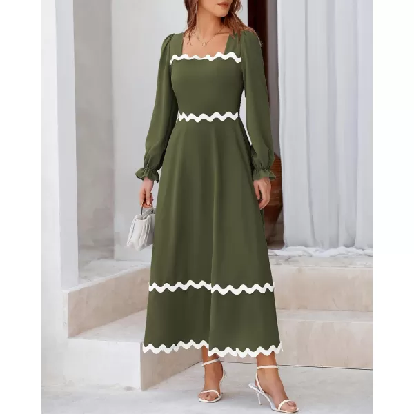 BTFBM RIC Rac Dress Women Maxi Dress Square Neck Long Sleeve Smocked Tie Back ALine Flowy Fall Wedding Guest DressesSolid Army Green