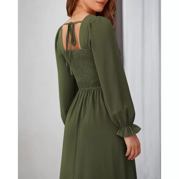 BTFBM RIC Rac Dress Women Maxi Dress Square Neck Long Sleeve Smocked Tie Back ALine Flowy Fall Wedding Guest DressesSolid Army Green