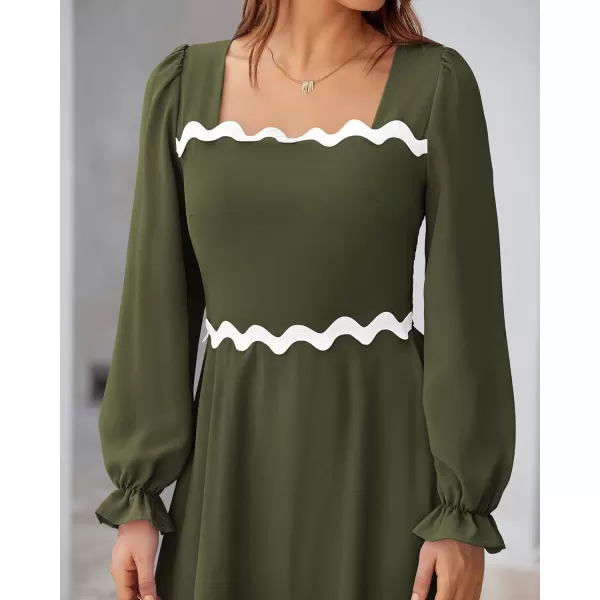 BTFBM RIC Rac Dress Women Maxi Dress Square Neck Long Sleeve Smocked Tie Back ALine Flowy Fall Wedding Guest DressesSolid Army Green