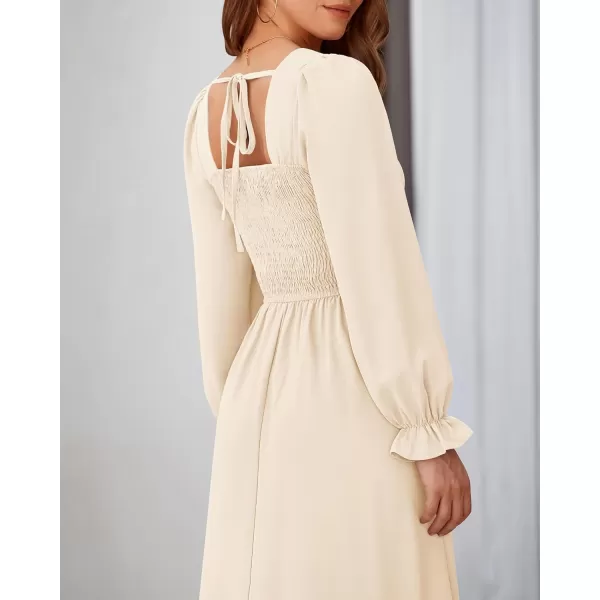 BTFBM RIC Rac Dress Women Maxi Dress Square Neck Long Sleeve Smocked Tie Back ALine Flowy Fall Wedding Guest DressesSolid Beige
