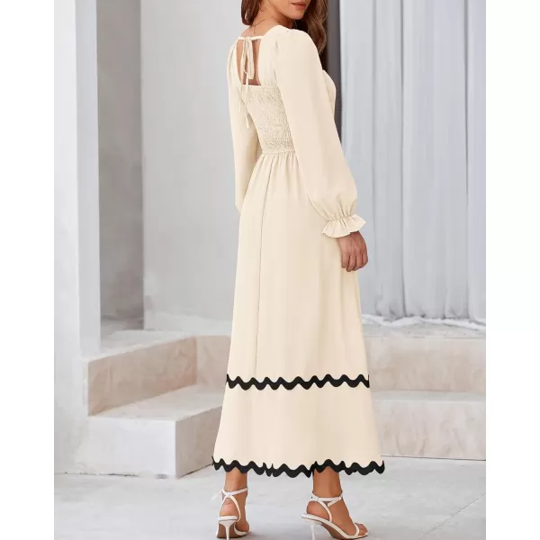 BTFBM RIC Rac Dress Women Maxi Dress Square Neck Long Sleeve Smocked Tie Back ALine Flowy Fall Wedding Guest DressesSolid Beige